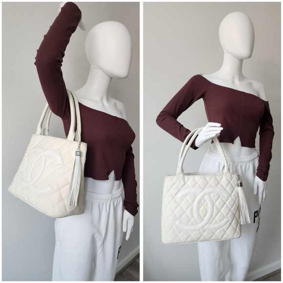 Auth Chanel CC Caviar Quilted Tassel Canvas Totes Bag - Picture 4 of 11